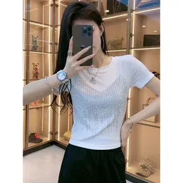Diamond Short Sleeve T Shirt Female Slim Fit Fake Two Shiny Round Neck Top Summer Casual Aesthetic Y2k Tee Korean Kawaii Clothes
