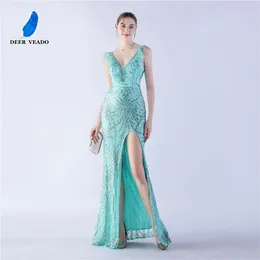 Party Dresses Deerveroedo Deep V Neck Sequin Evening Dress for Woman Elegant Mermaid Slit Formal Maxi With Feathers Prom Gown