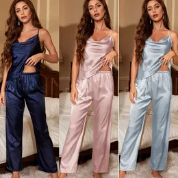 Denilyn sottile in pigiama di seta ghiacciata può essere indossata come capispalla per abbigliamento casual.Set di bretelle di pajama alla moda e sexy da donna F51524