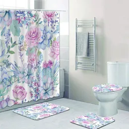 シャワーカーテンエレガントな紫色の青色の高級花柄の花柄の敷物セットシックな水彩花バスルームトイレの装飾