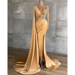 EBI Arabic Aso Gold Mermaid Sexy Evening Pärled Crystals Prom Dresses High Split Formal Party Second Reception GOWNS 0515