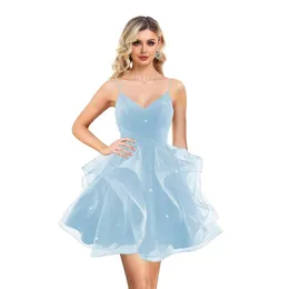 Glitter V Neck Tulle Homecoming Layered Ruffles Short Prom Spaghetti Straps Mini Tail Dresses For Teens Prom Amz