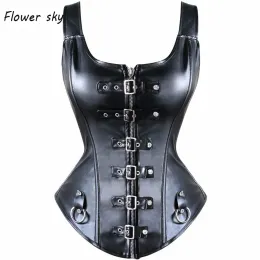 Shaper Sexig svart faux sele läder spänne överbust maistcoat tät snörning korsett topp baskisk steampunk korsett c0268 plus storlek 6xl j1