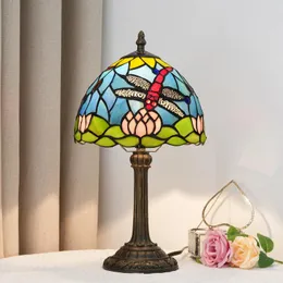 Masa lambaları 8 inç Tiffany tarzı vitray başucu lambası antika vintage yusufçuk lotus oturma odası yatak odası ev ofis