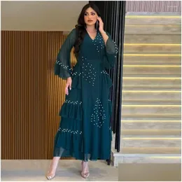 Ethnic Clothing Muslin Dress Dubai Arab Fashion Studded Diamond Summer Chiffon Gown Gurban Festival Abaya V-Neck Long Sleeves Drop D Dhmwt