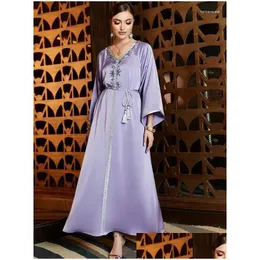 Ethnic Clothing Satin Ramadan Party Dress For Women Msim Abaya V Neck Diamond Jalabiya Maxi Robe Moroccan Caftan 2023 Drop Delivery A Dhqel
