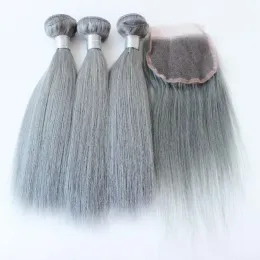 Więwki 3PCS Włosy z zamknięciem ludzkie włosy szary brazylijskie proste srebrne siwe włosy przedłużki szare splotowe pakiety z zamknięciem w magazynie