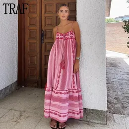 TRAF Pink Crochet Slip Dress Women Boho Pleated Maxi Dress Woman Summer Backless Long Dresses for Women Beach Female Dress 240511