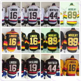 Maglia da hockey retrò a buon mercato 89 Mogilny 16 Linden 19 Naslund 44 Bertuzzi 1970-1999 Film classico Vintage Black White Giallo Black Cucite