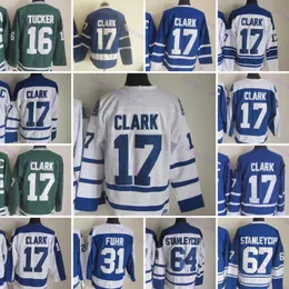 Billig retro hockey tröja 16 tucker 17 clark 31 fuhr 64 67 Stanleycup 1917-1999 White Blue Green Vintage Classic Movie Stitched