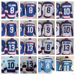 安いレトロホッケージャージ10 Hawerchuk 13 Selanne 27 Numminen 11 Koivu 16 Boschman 9 Hull 8 Hawerchuk Blue White 1917-1999 Vintage Classic Movie Stitched