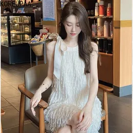 Vestido de verão gentil Korejpaa, elegante peste redondo, vestidos de tanque de pescoço, mulheres coreanas mangas vestidos de mujer 240513