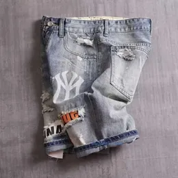 Мужские короткометражные дизайнерские шорты Нью -Йорк Джинсы Летняя Тонкая мода Рубень патч деним все, чтобы сделать старый нищий пять брюк.