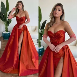 Elegant Orange Red Prom Dress Tafta veck Sweetheart Formal Evening Elegant Split Party Dresses For Special OCNS A Line Promdress 0515