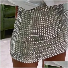 Saias shinestone mini para mulheres roupas sexy split veja através de hollow out diamantes de cristal brilhante