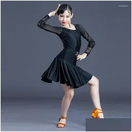 Stage Wear Latin Dance Dress For Girls Cha Performance Costume Long Sleeves Lace Kids Ballroom Dancing Clothes Black Red Dnv16734 Dr Dhlch