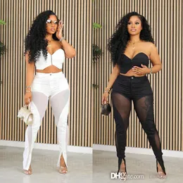 New Fashion 2 Piece Set Women Night Club Sexy Mesh See Through Patchwork Sets For Women Outfits Strapless Crop Top Bra And Split Flare Pants Matching 2PCS Sets Clothing