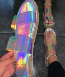 透明な虹色のビニールスリッパ女性プラットフォームサンダルデザイナースライド夏のフラットシューズと財布scarpe da donna sandalias5935221