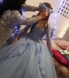 Princess 2020 Blue Tulle Quinceanera Dresses 볼 가운 깎아 지른 긴 소매 레이스 파티 파티 데뷔 턴 15 Sweet 16 Dress Vestidos de Q2145952