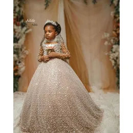 Flower Luxurious 2022 Girl Dresses Sequined Lace Pearls High Neck Long Sleeves Champagne Sequins Ball Gown Tutu Lilttle Kids Birthday Pageant Weddding Gowns S S 0515