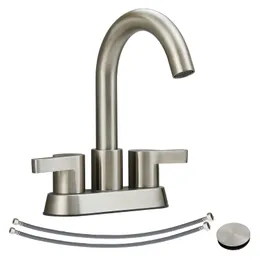 Bathroom Faucet 2 Handle Centerset Bathroom Sink Faucet with Pop Up Drain Assembly, 4 Inches Bathroom Vanity Lavatory Faucet 3 Holes Brushed Nicke