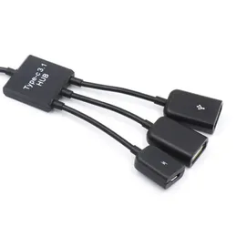 2024 3 em 1 Micro USB Hub masculino para fêmea dupla USB 2.0 Host OTG Adapter Cable Conversor Universal para telefones celulares pretos para