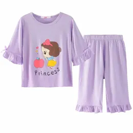 Piżama drukowana młodzież i dzieci odzież Zestaw odzieży Zestaw ubrania dla niemowląt Zestaw Połowa rękawy piżamę pajszywki dziewczyny i dzieci piżamę w wieku 4-12 D240515