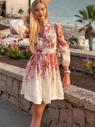 Casual Dresses 2024 Floral Printed V-Neck Dresses High Waist Elastic Sleeve Mini Dresses Party Prom Dresses