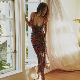 2024 Spring Instagram Fashion New Sexig V-ring elegans mångsidig smal passform lång tryckt bandklänning för kvinnor F51538