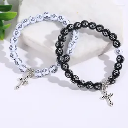 Strand Black White Cross Armband Rosary Beads Par Style Harts Sweet Romantic mångsidig