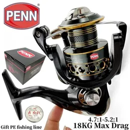 PENN Fishing Reel with 131 Bearings Max Drag 18KG Gear Ratio 4.7 1/5.2 1 Comes with PE Fishing Line as Gift 240511