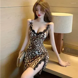 Женская одежда для сна, сексуальное спагетти ремешок с кружевным платье для сна, леопардовое камизол ночной рубаш