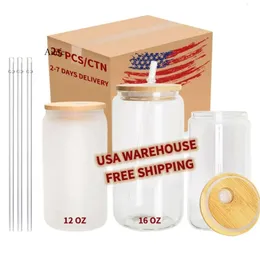 US Warehouse 16oz Sublimação Canecas de cerveja de vidro com tampas de bambu e copos de palha latas de espaços em branco Diy