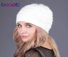 Boapt Yumuşak Tavşan Çift Örgü Kalın Bonnet Beanie Kapakları Kadınlar İçin Sağlam Sıcak Kış Şapkaları039S Kapak Kafa Beanies Kadın H6949874