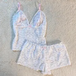 Домашняя одежда Gaono Fairy Coquette 2 Piece Set Y2K Floral Lace V Seck Camis Tops Shorts Sexy Through через пижаму женскую гостиную.