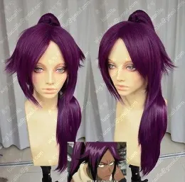 Wigs Ücretsiz Nakliye Yeni Yüksek Kaliteli Moda Resim Peruk Bleach Shihouin Yoruichi 60cm Mor Lolita Cosplay Party Wig W/ Conytail