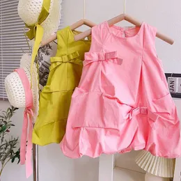 Girl's Dresses 2023 Summer New Arrival Girl Sleeveless O-Neck Bow Pink Green Cute Roupa Baby Menina Cute Party Dress Customized 18M-7T d240515