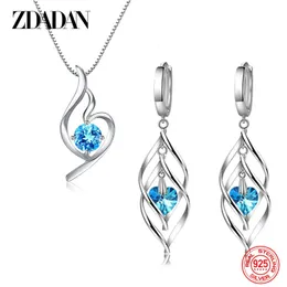 Zdadan 925 Sterling Silver Blue Crystal Necklace ropring مجموعة مناسبة للسيدات من موضة الزفاف مجوهرات الحفلات 240515
