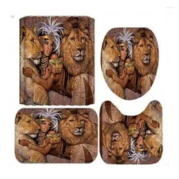Занавески для душа льва африканская женщина афро -девочка египетская леди луна леопардовые животные с ковриками по полу ванну 4 шт для декора ванной комнаты