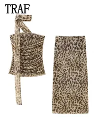 Traf Leopard Impresso Midi Skirt Conjuntos de mulheres 2 peças Conjunto sexual
