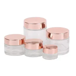 Förpackningsflaskor Partihandel Frosted Glass Cream Jar Clear Cosemetic Bottle Lotion Lip Balm Container med Rose Gold Lock 5G 10G 30G 50G DHE3E