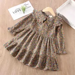 Mädchenkleider Laura Coles Winter Neuankömmlinge Mädchen Kleid Langarmed Peter Pan Ausschnitt Ruffen Blumen süße Babykleid Weste 18m-7T D240515