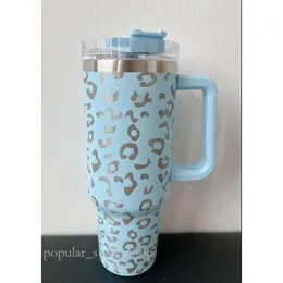 Quencher 40oz Tumbler Tie Dye Light Blue Pink Leopard Handle Lock Straw Beer Stanely Cup Bottle Powder Coating Outdoor Camping Cup Neon White GG0423 292