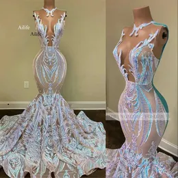 Sequits 2022 Sparkly Mermaid African Вечерние платья носят черные девушки Jewel Geals Illusion Long Graduation Plus Formal Sequine Prom Gowns 0515
