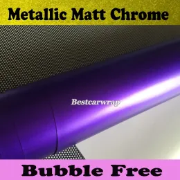 Klistermärken Satin Purple Chrome Car Wrap Vinyl med Air Release Chrome Matte Metallic Purple Film Vehicle Wrap Styling Car Stickers Size1.52x2