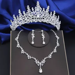 Kvalitet Silver Color Water Drop Bridal Jewelry Set Princess Tiaras Halsbandörhängen Bröllop Krona Juven Set för brudar 240507