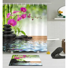 Cortinas de chuveiro Spa Cortina de zen de primavera com conjunto de tapetes Orquídea de bambu Telas de banheiro de pedra Telas de poliéster impermeáveis ​​para decoração de banheira