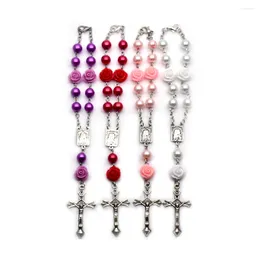 Strand Rose Rosary Armband Imitation Pearl Cross Katolska smycken Rödrosa Vit Purple