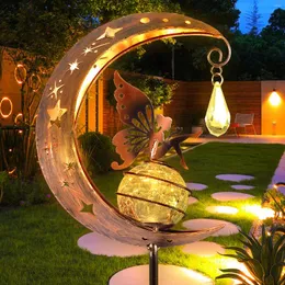 Decorazioni da giardino Moon Fairy Solar Light Outdoor Stake Outdoor Lights IP55 Waterproof Lawn Lamp Metal Butterfly Yard Decorative