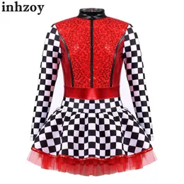 Dancewear Girls Racer Racing Driver Costume Checkerboard Długie rękawowe cekiny Patchwork Spódnity kombinezon Halloween Cosplay Party Filtl2405